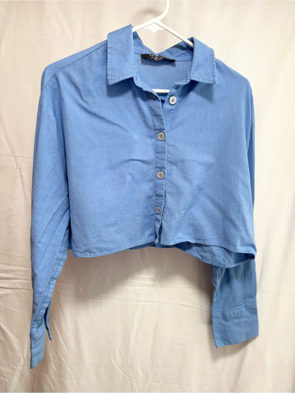 Primark Light Blue Cropped linen blend Button up Shirt